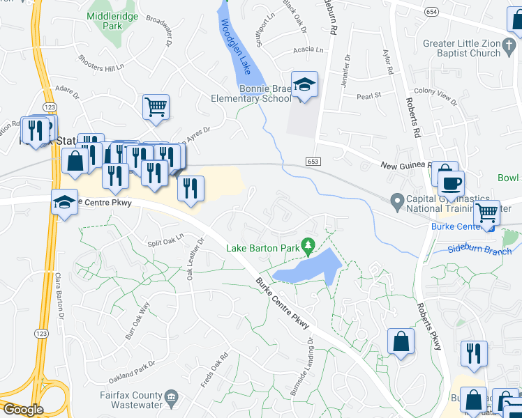 map of restaurants, bars, coffee shops, grocery stores, and more near 10669 Oak Thrush Court in Burke