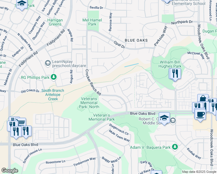 map of restaurants, bars, coffee shops, grocery stores, and more near 601 Treviso Court in Roseville