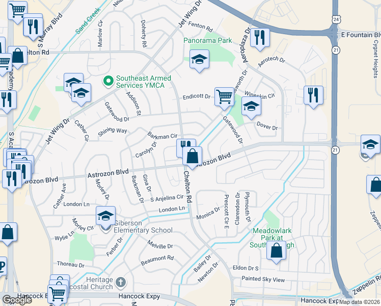 map of restaurants, bars, coffee shops, grocery stores, and more near 2425 Lexington Village Lane in Colorado Springs