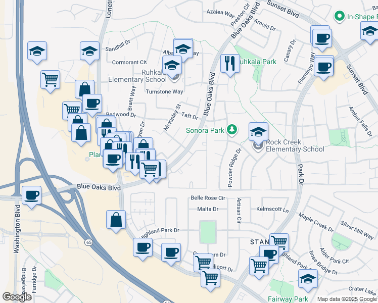 map of restaurants, bars, coffee shops, grocery stores, and more near 6701 Blue Oaks Boulevard in Rocklin