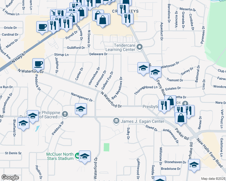map of restaurants, bars, coffee shops, grocery stores, and more near 1550 Golden Gate Drive in Florissant
