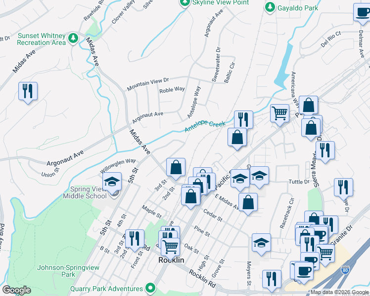 map of restaurants, bars, coffee shops, grocery stores, and more near 3335 Oakcreek Drive in Rocklin