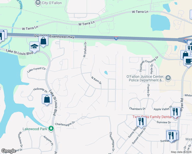 map of restaurants, bars, coffee shops, grocery stores, and more near 25 Pershing Circle in O'Fallon
