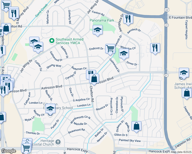 map of restaurants, bars, coffee shops, grocery stores, and more near 2462 Lexington Village Lane in Colorado Springs
