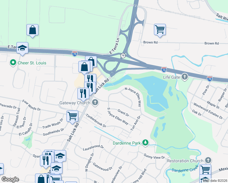 map of restaurants, bars, coffee shops, grocery stores, and more near 150 Salt Lick Road in St. Peters