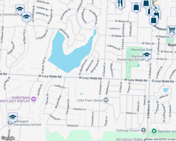 map of restaurants, bars, coffee shops, grocery stores, and more near 501 Bayview Drive in Raymore