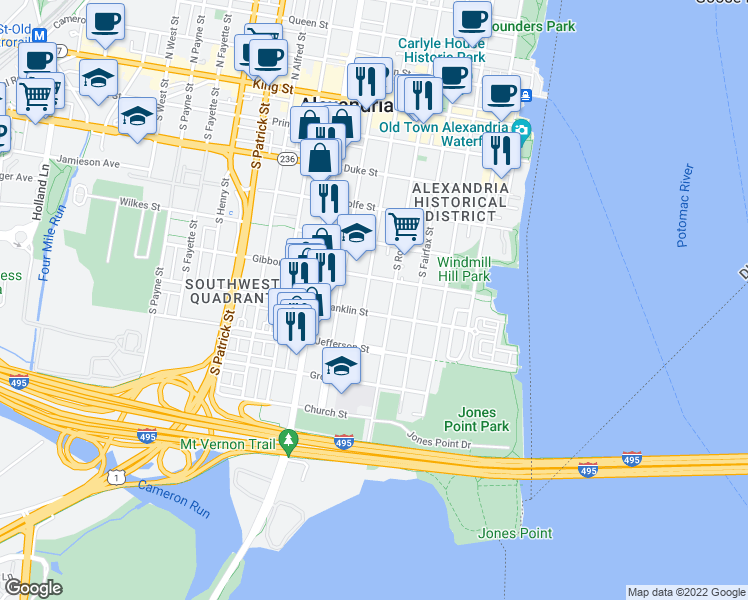 map of restaurants, bars, coffee shops, grocery stores, and more near 628 South Pitt Street in Alexandria
