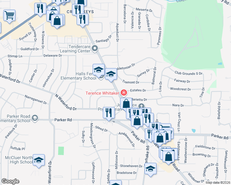 map of restaurants, bars, coffee shops, grocery stores, and more near 1625 Thoroughbred Lane in Florissant