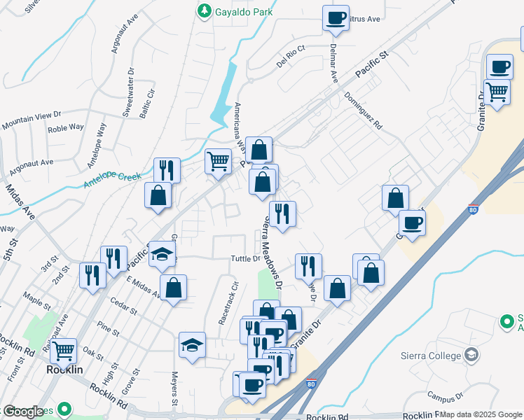 map of restaurants, bars, coffee shops, grocery stores, and more near 2250 Sierra Meadows Drive in Rocklin