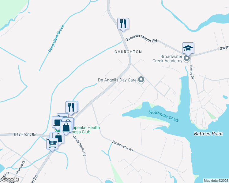 map of restaurants, bars, coffee shops, grocery stores, and more near 5607 Bluebeard Court in Deale