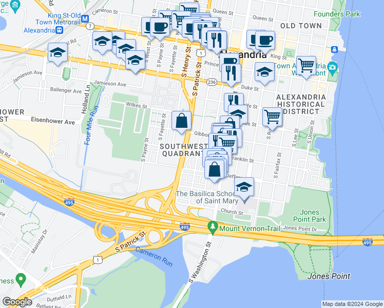 map of restaurants, bars, coffee shops, grocery stores, and more near 910 Franklin Street in Alexandria