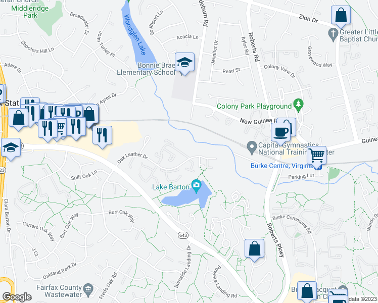map of restaurants, bars, coffee shops, grocery stores, and more near 5604 Summer Oak Way in Burke