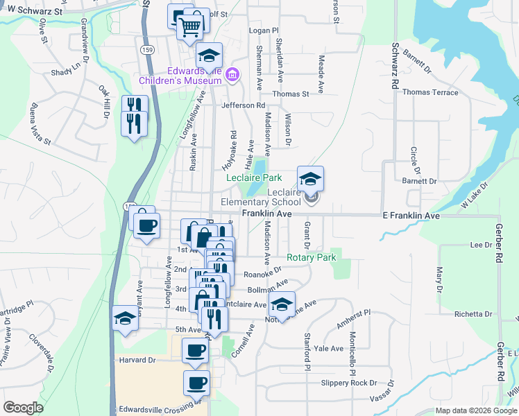 map of restaurants, bars, coffee shops, grocery stores, and more near 1112 Madison Avenue in Edwardsville