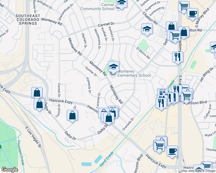 map of restaurants, bars, coffee shops, grocery stores, and more near 2311 Monterey Road in Colorado Springs