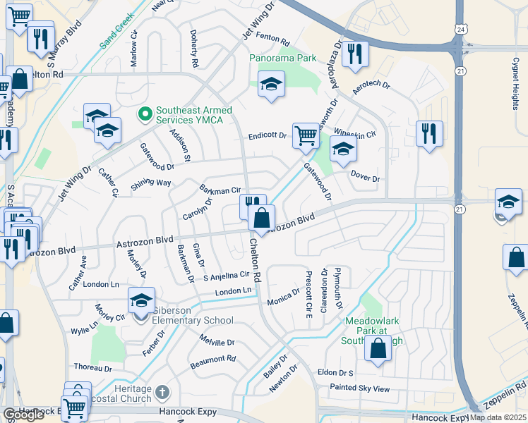 map of restaurants, bars, coffee shops, grocery stores, and more near 2425 Lexington Village Lane in Colorado Springs
