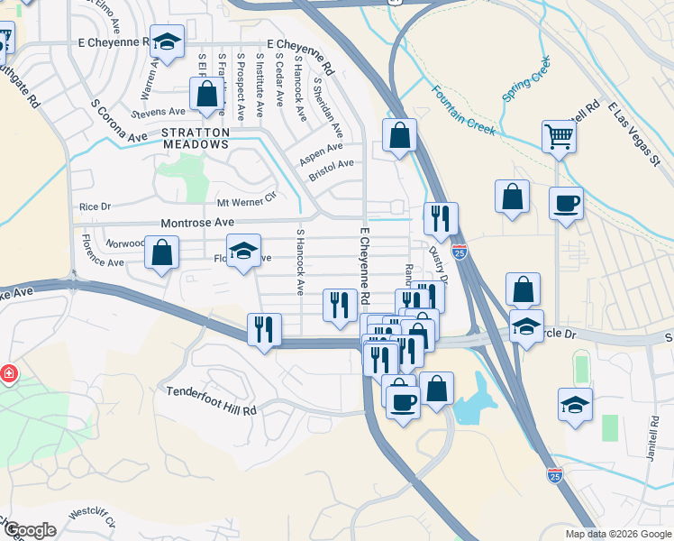 map of restaurants, bars, coffee shops, grocery stores, and more near 1216 Florence Avenue in Colorado Springs