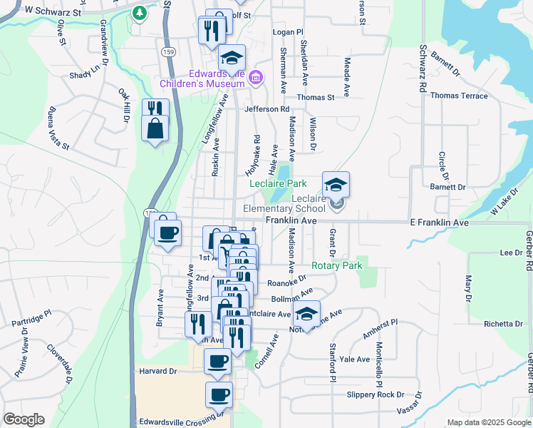 map of restaurants, bars, coffee shops, grocery stores, and more near 1105 Lake Avenue in Edwardsville