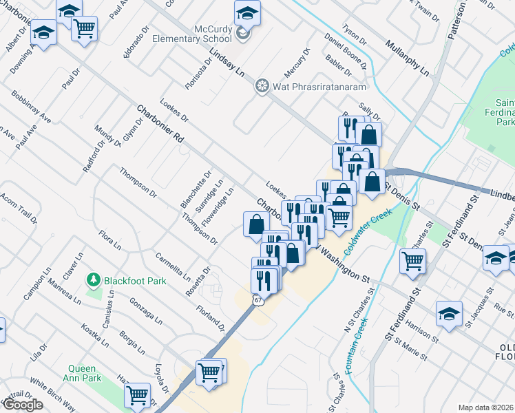 map of restaurants, bars, coffee shops, grocery stores, and more near 755 Charbonier Road in Florissant