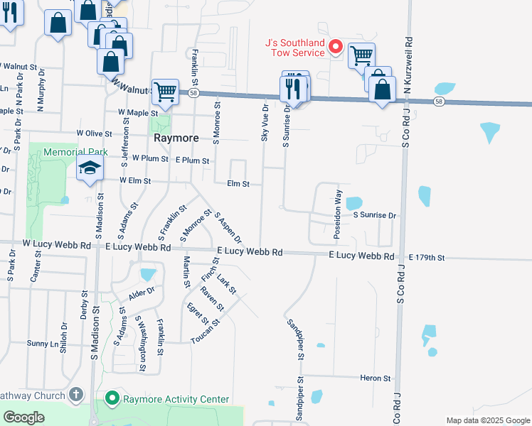 map of restaurants, bars, coffee shops, grocery stores, and more near 505 Sky Vue Drive in Raymore
