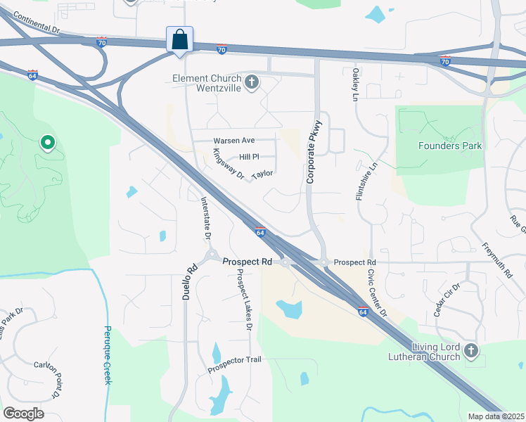 map of restaurants, bars, coffee shops, grocery stores, and more near 1320 South Callahan Road in Wentzville