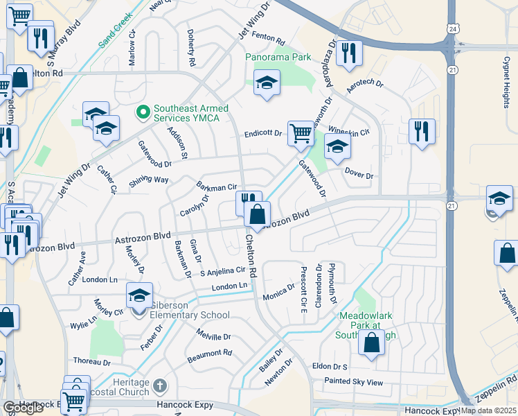 map of restaurants, bars, coffee shops, grocery stores, and more near 2425 Lexington Village Lane in Colorado Springs