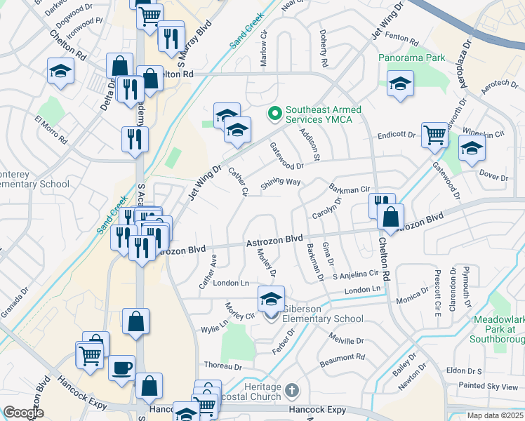 map of restaurants, bars, coffee shops, grocery stores, and more near 4235 Brightside Court in Colorado Springs
