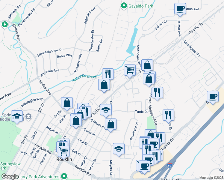 map of restaurants, bars, coffee shops, grocery stores, and more near 4500 Pacific Street in Rocklin