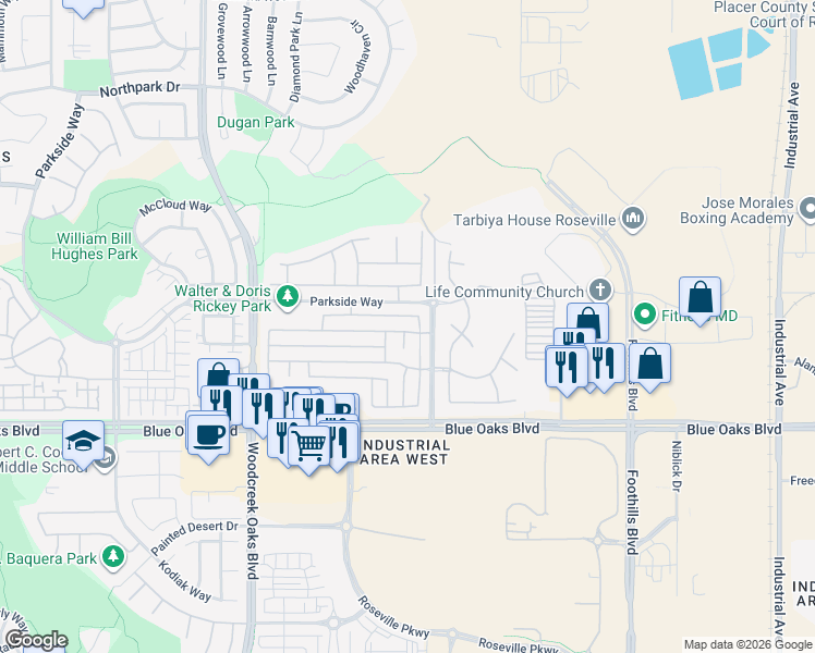 map of restaurants, bars, coffee shops, grocery stores, and more near 1480 Black Bear Street in Roseville