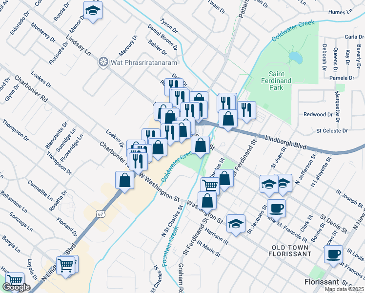 map of restaurants, bars, coffee shops, grocery stores, and more near 750 North Highway 67 in Florissant