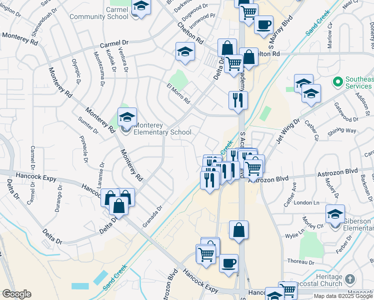 map of restaurants, bars, coffee shops, grocery stores, and more near 2305 Lexus Drive in Colorado Springs