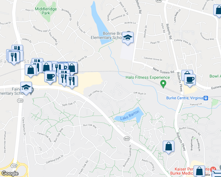 map of restaurants, bars, coffee shops, grocery stores, and more near 10677 Oak Thrush Court in Burke