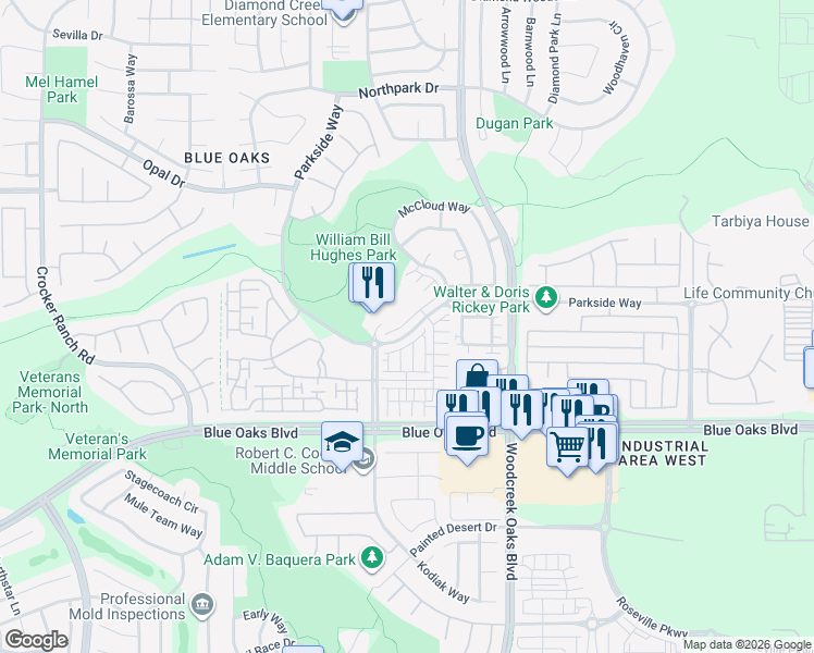 map of restaurants, bars, coffee shops, grocery stores, and more near 120 Diamond Creek Place in Roseville