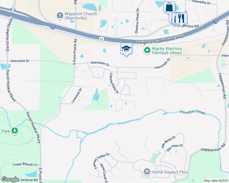 map of restaurants, bars, coffee shops, grocery stores, and more near 1068 Chesterfield Drive in Wentzville