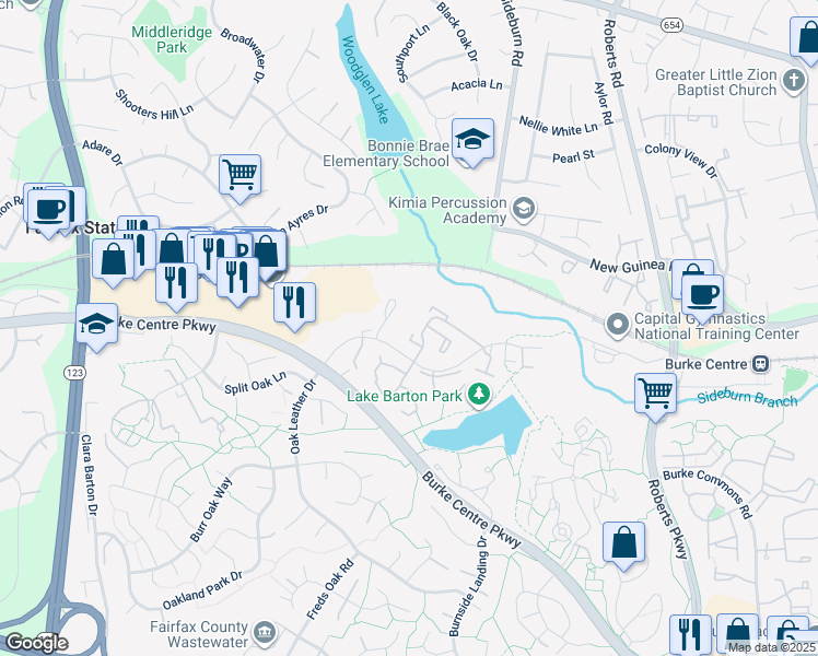 map of restaurants, bars, coffee shops, grocery stores, and more near 10677 Oak Thrush Court in Burke