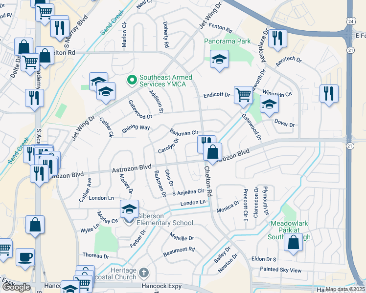 map of restaurants, bars, coffee shops, grocery stores, and more near 2341 Lexington Village Lane in Colorado Springs