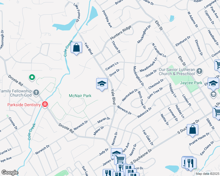 map of restaurants, bars, coffee shops, grocery stores, and more near 2929 Yale Boulevard in Saint Charles