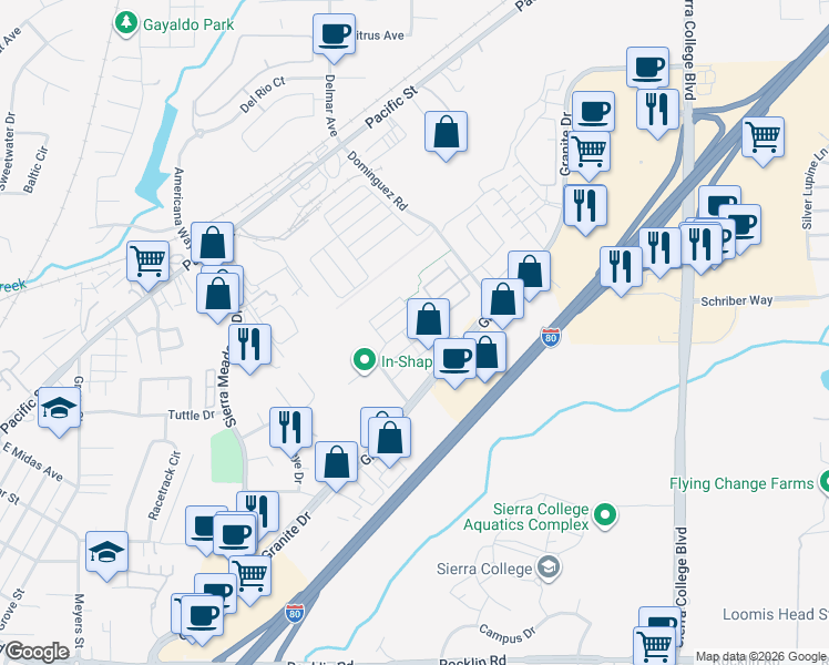 map of restaurants, bars, coffee shops, grocery stores, and more near 2551 Warren Drive in Rocklin