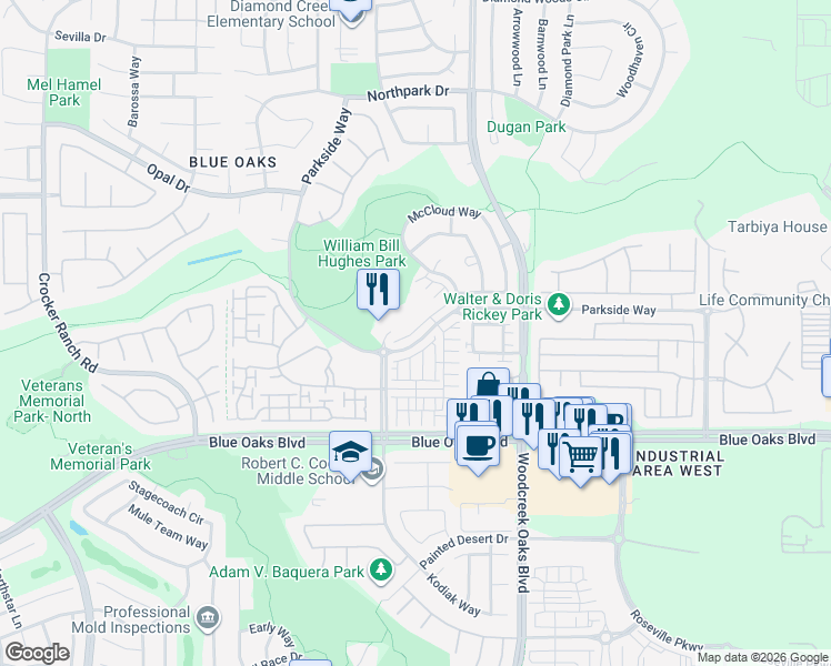 map of restaurants, bars, coffee shops, grocery stores, and more near 120 Diamond Creek Place in Roseville