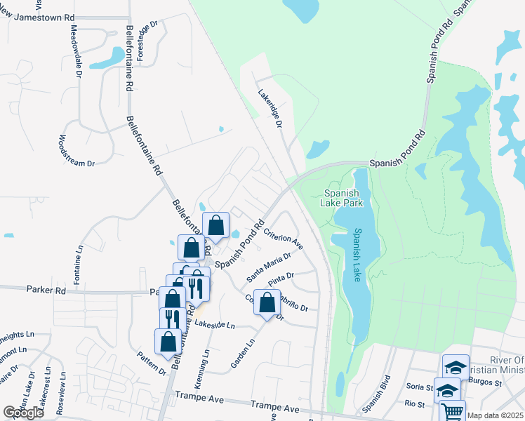 map of restaurants, bars, coffee shops, grocery stores, and more near 12431 Spanish Pond Road in St. Louis