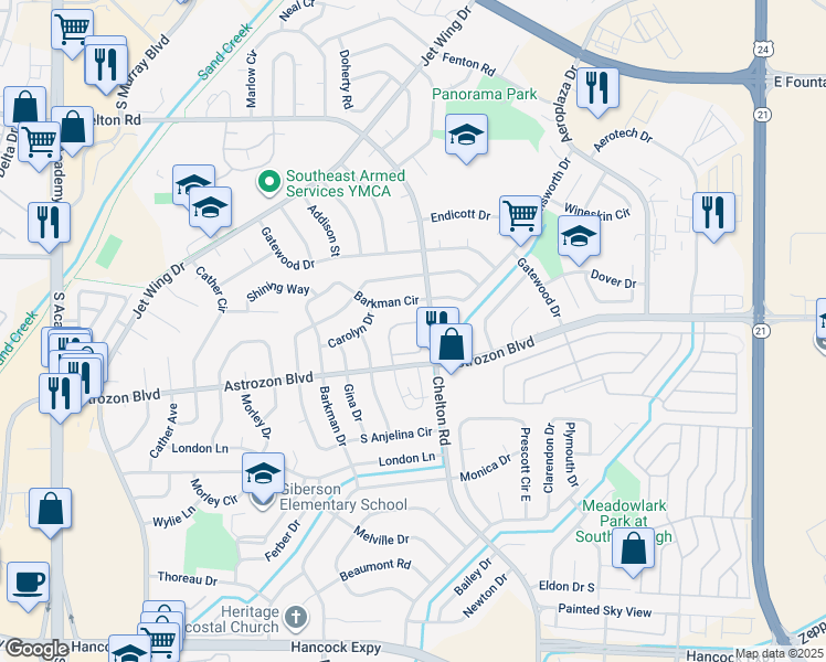 map of restaurants, bars, coffee shops, grocery stores, and more near 2372 Lexington Village Lane in Colorado Springs