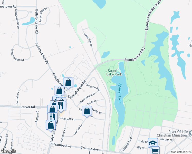 map of restaurants, bars, coffee shops, grocery stores, and more near 1443 San Salvador Drive in Saint Louis