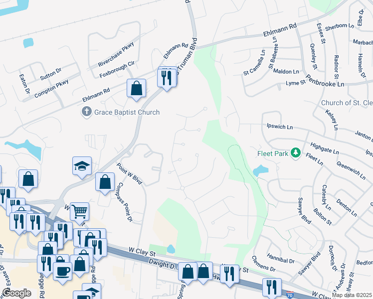 map of restaurants, bars, coffee shops, grocery stores, and more near 7 Lone Cedar Court in Saint Charles