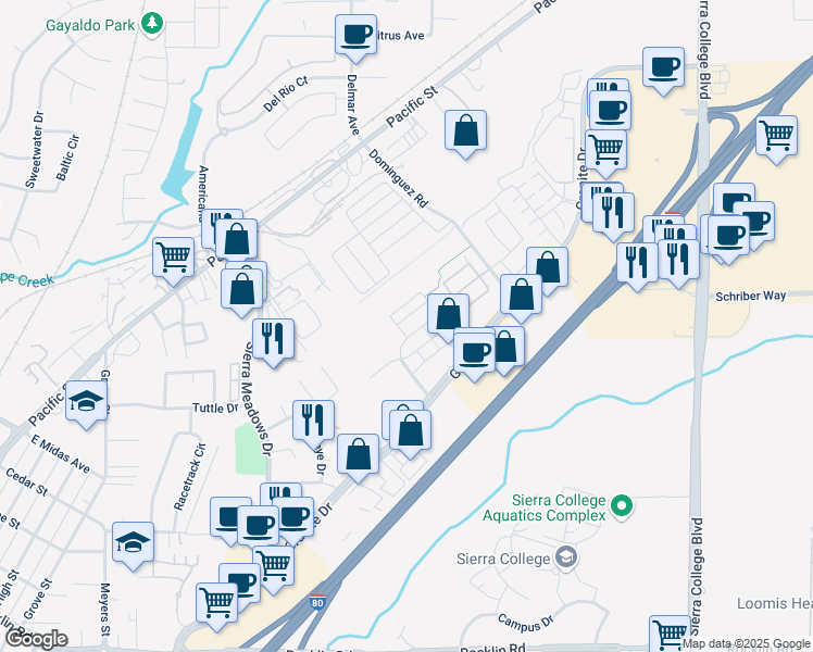 map of restaurants, bars, coffee shops, grocery stores, and more near 2551 Warren Drive in Rocklin