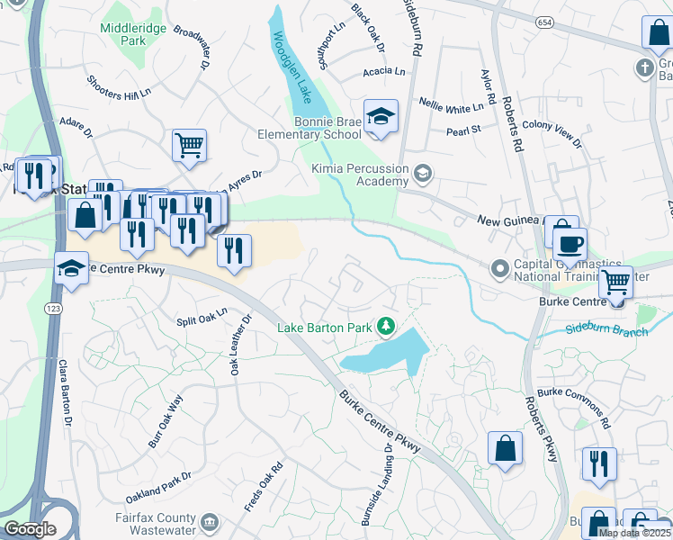 map of restaurants, bars, coffee shops, grocery stores, and more near 10687 Oak Thrush Court in Burke