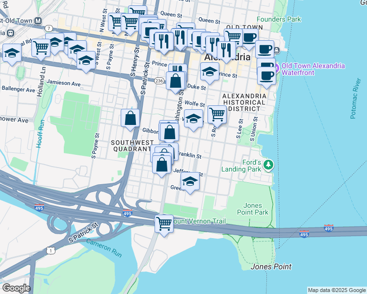 map of restaurants, bars, coffee shops, grocery stores, and more near 625 South Saint Asaph Street in Alexandria