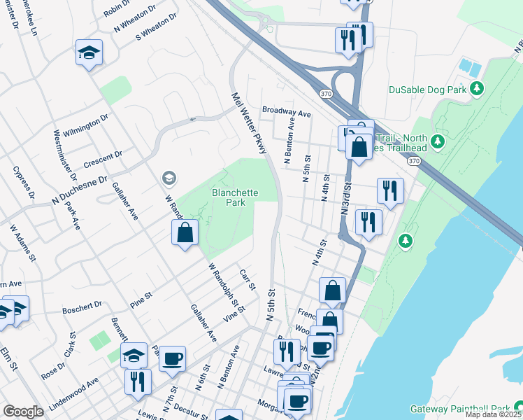 map of restaurants, bars, coffee shops, grocery stores, and more near 1900 West Randolph Street in Saint Charles