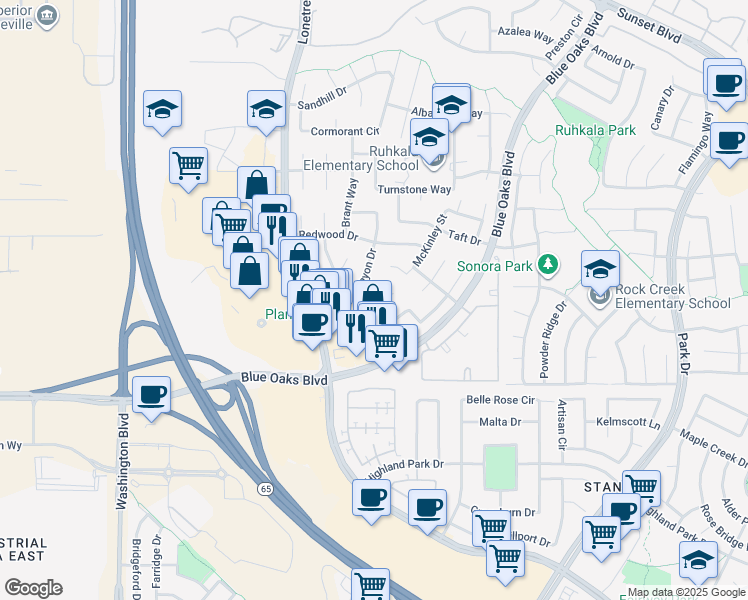 map of restaurants, bars, coffee shops, grocery stores, and more near 6710 Magnolia Way in Rocklin
