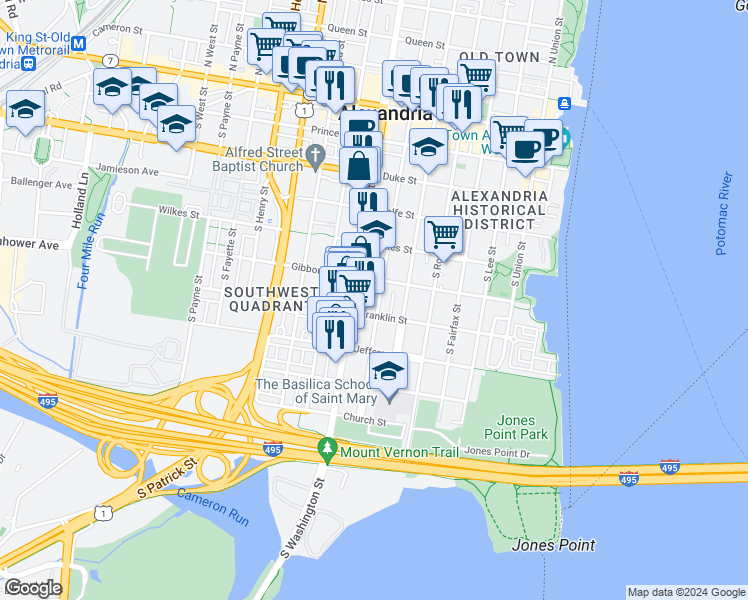 map of restaurants, bars, coffee shops, grocery stores, and more near 625 South Saint Asaph Street in Alexandria