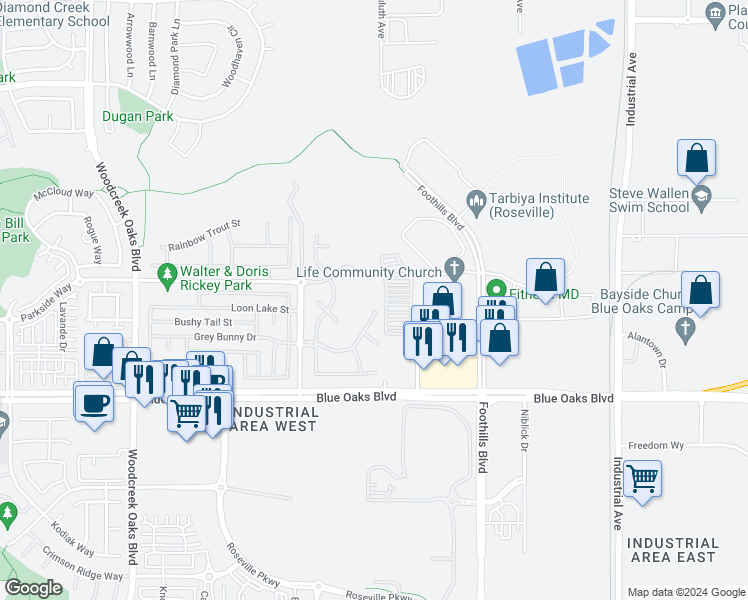 map of restaurants, bars, coffee shops, grocery stores, and more near 341 Indian Runner Court in Roseville