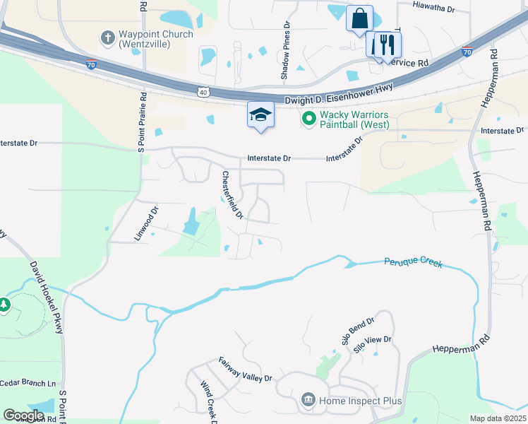 map of restaurants, bars, coffee shops, grocery stores, and more near 610 New Hampton Drive in Wentzville